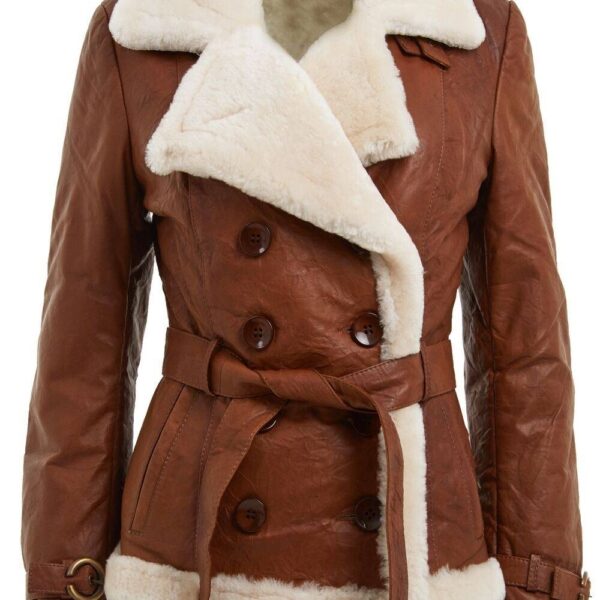 Infinity Leather Women's Double Breasted Sheepskin Aviator Jacket-Petersfield in Light Tan | Size: 16