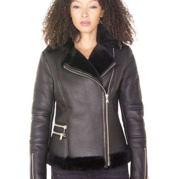 Infinity Leather Women's Shearling Sheepskin Aviator Jacket-Patchway in Black | Size: 10