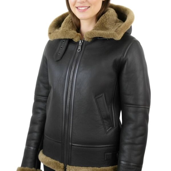 Infinity Leather Women's Hooded Sheepskin Flying Leather Jacket-Orford in Dark Brown | Size: 20