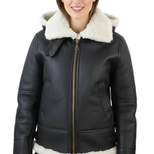 Infinity Leather Women's Hooded Sheepskin Flying Leather Jacket-Orford in Light Brown | Size: 16
