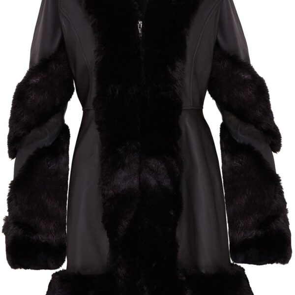 Infinity Leather Women's Flared Leather Hooded Cape Coat With Fur - Mandal in Black | Size: 3XL