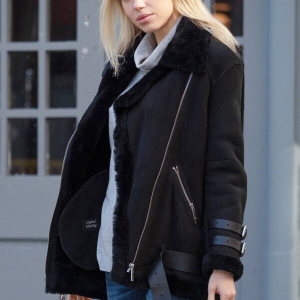 Ashwood Leather Women's 'Khloe' Oversized Sheepskin Flying Jacket in Black | Size: 14