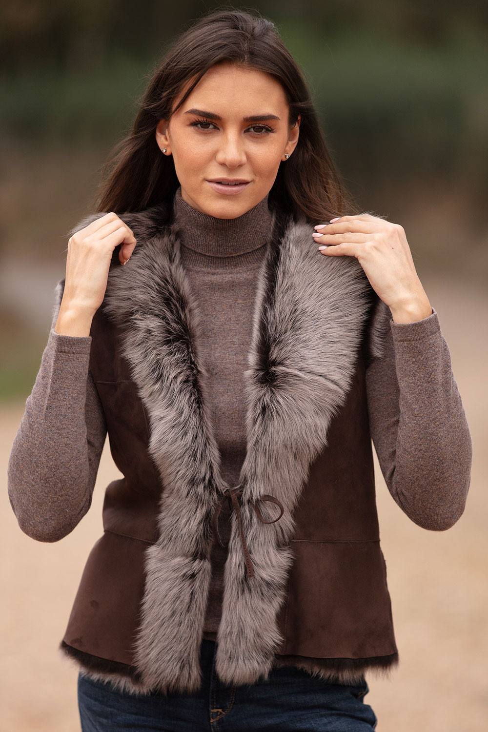 Ashwood Leather Women's 'Kashmina' Reversible Toscana Real Sheepskin Suede Leather Gilet in Brown | Size: 16