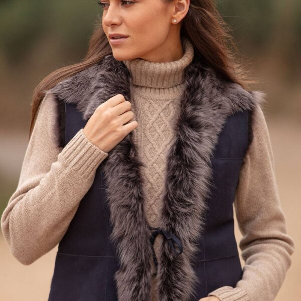 Ashwood Leather Women's 'Kashmina' Reversible Toscana Real Sheepskin Suede Leather Gilet in Navy | Size: 18