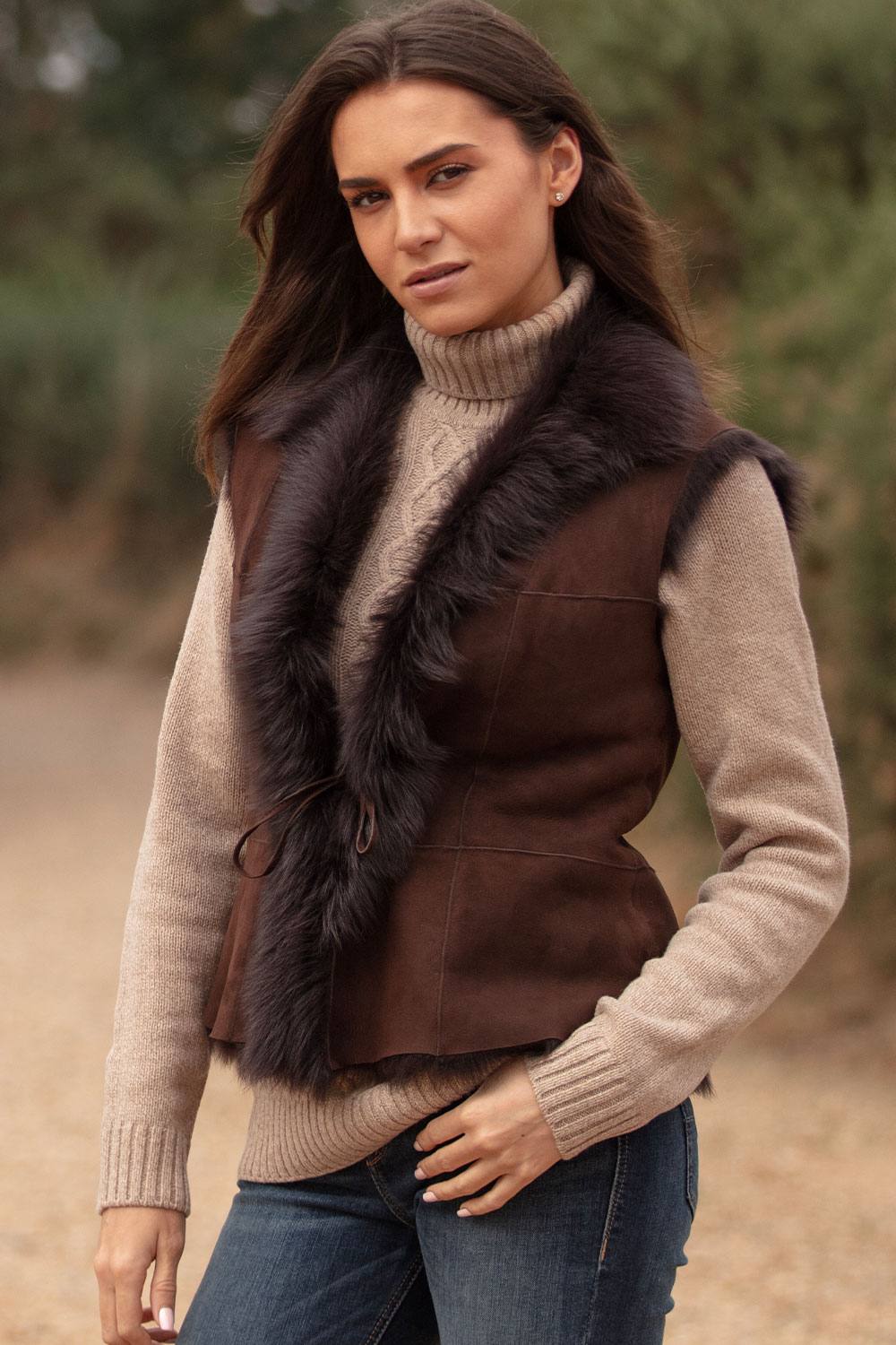 Ashwood Leather Women's 'Kashmina' Reversible Toscana Real Sheepskin Suede Leather Gilet in Dark Brown | Size: 14