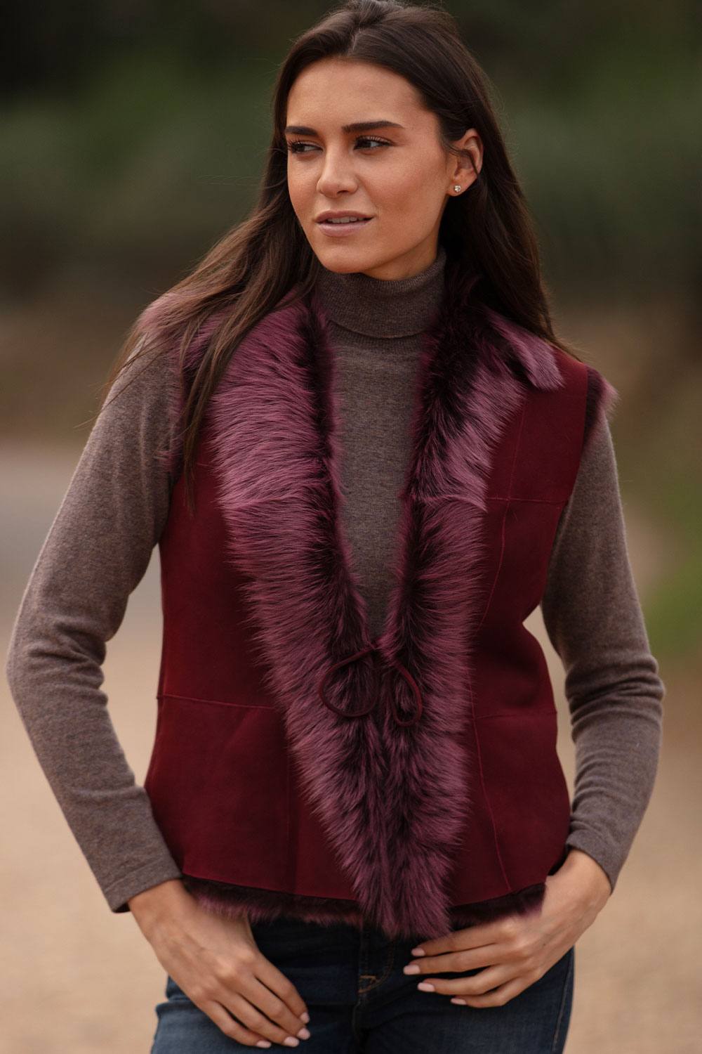 Ashwood Leather Women's 'Kashmina' Reversible Toscana Real Sheepskin Suede Leather Gilet in Burgundy | Size: 8