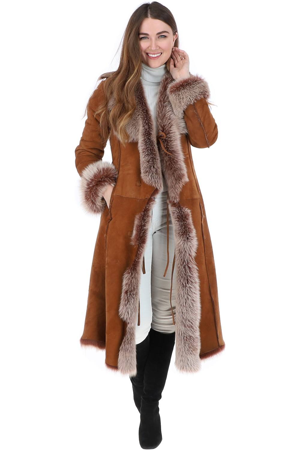 Ashwood Leather Women's 'Alaska' Long Length Toscana Suede Leather Coat in Tan | Size: 20