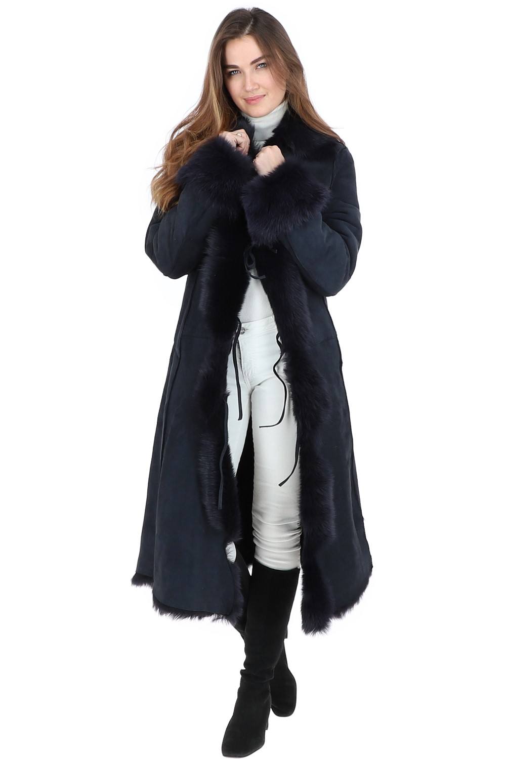 Ashwood Leather Women's 'Alaska' Long Length Toscana Suede Leather Coat in Navy | Size: 8