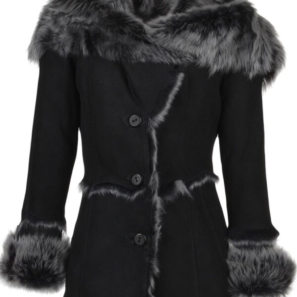 Ashwood Leather Women's 'Muna' Toscana Long Haired Shearling Jacket With Large Hood in Black | Size: 10