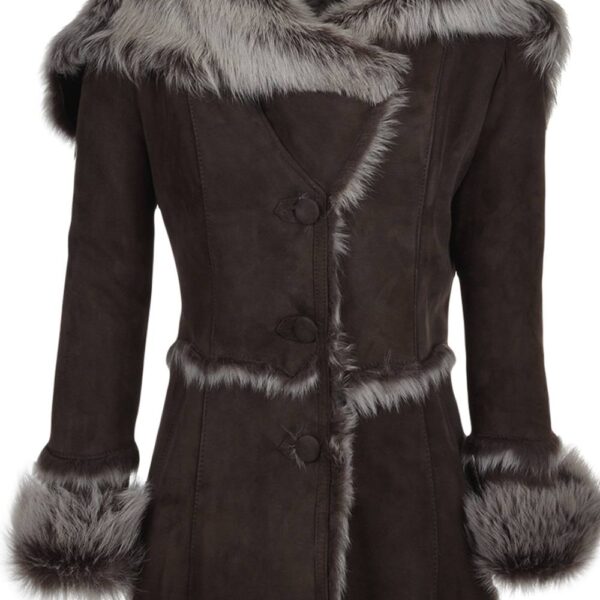 Ashwood Leather Women's 'Muna' Toscana Long Haired Shearling Jacket With Large Hood in Brown | Size: 18