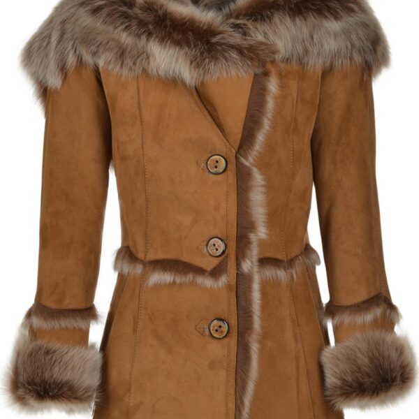 Ashwood Leather Women's 'Muna' Toscana Long Haired Shearling Jacket With Large Hood in Tan | Size: 12