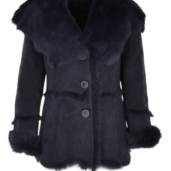 Ashwood Leather Women's 'Muna' Toscana Long Haired Shearling Jacket With Large Hood in Navy | Size: 16