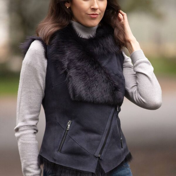 Ashwood Leather Women's 'Kimi' Toscana Suede Leather Biker Gilet Jacket in Dark Navy | Size: 10