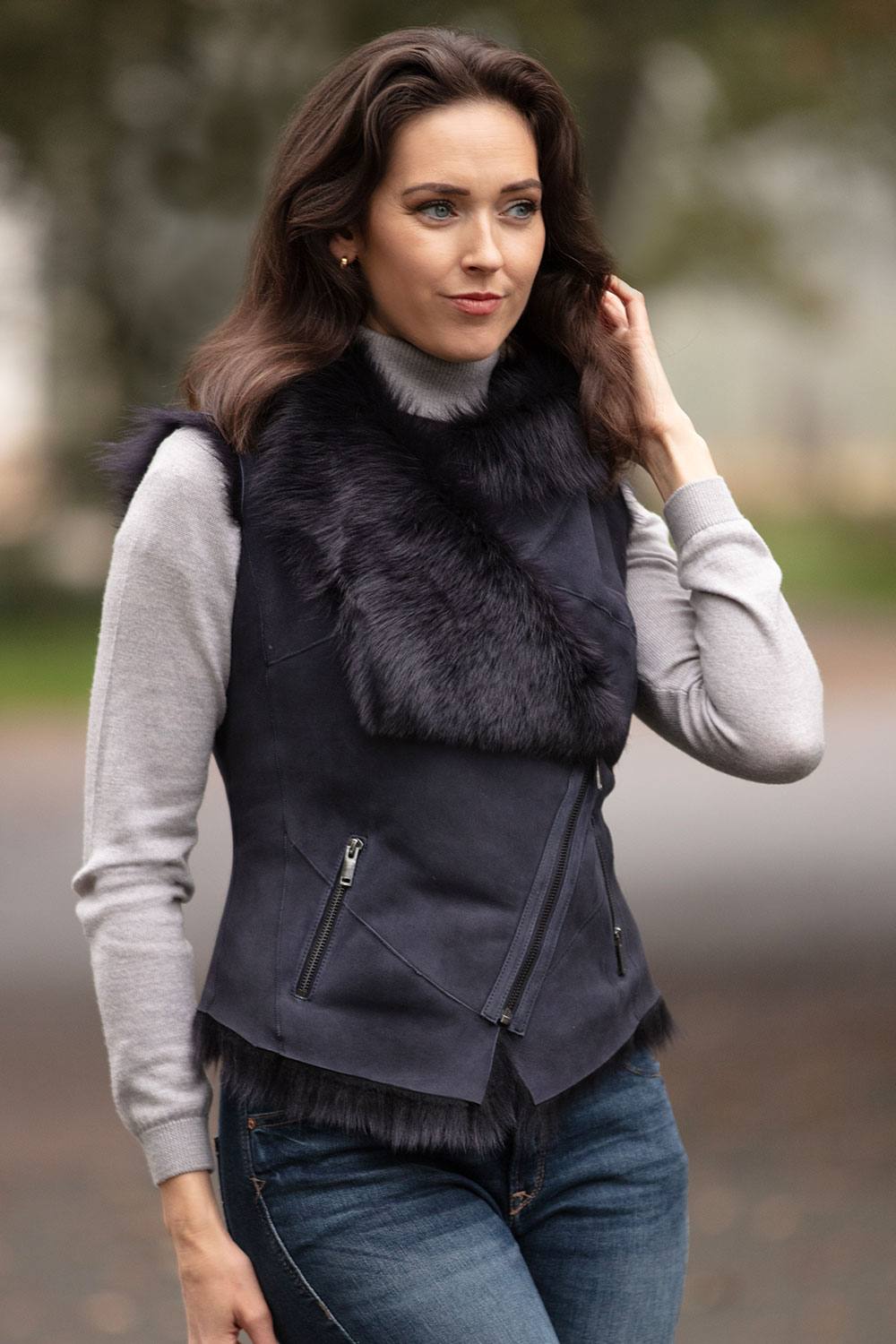 Ashwood Leather Women's 'Kimi' Toscana Suede Leather Biker Gilet Jacket in Dark Navy | Size: 18