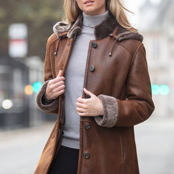 Ashwood Leather Women's 'Lynette' Sheepskin Duffle Coat in Brown | Size: 8