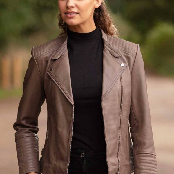 Ashwood Leather Women's 'Casey' Real Leather Biker Jacket in Taupe | Size: 26