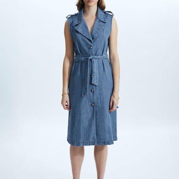 James Lakeland Women's Long Denim Gilet in Light Blue | Size: 18