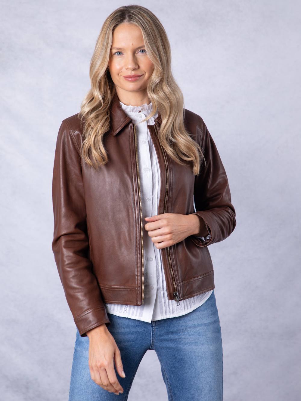 Lakeland Leather Women's 'Crosthwaite' Collared Leather Jacket in Chocolate | Size: 14
