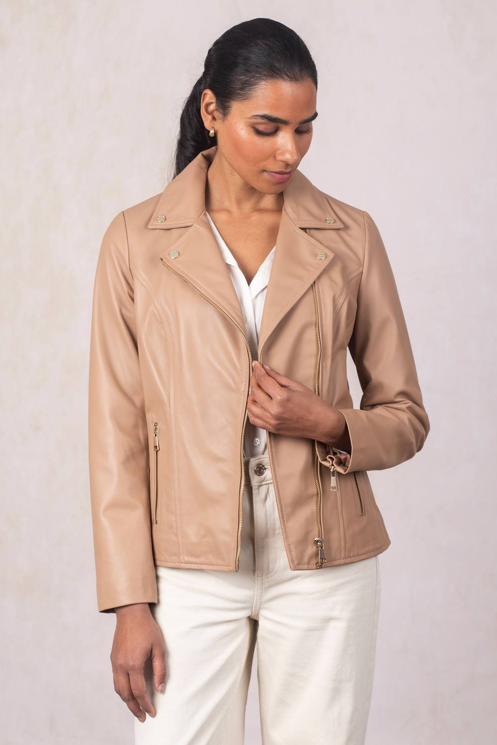 Lakeland Leather Women's 'Knotts' Leather Biker Jacket in Camel | Size: 16
