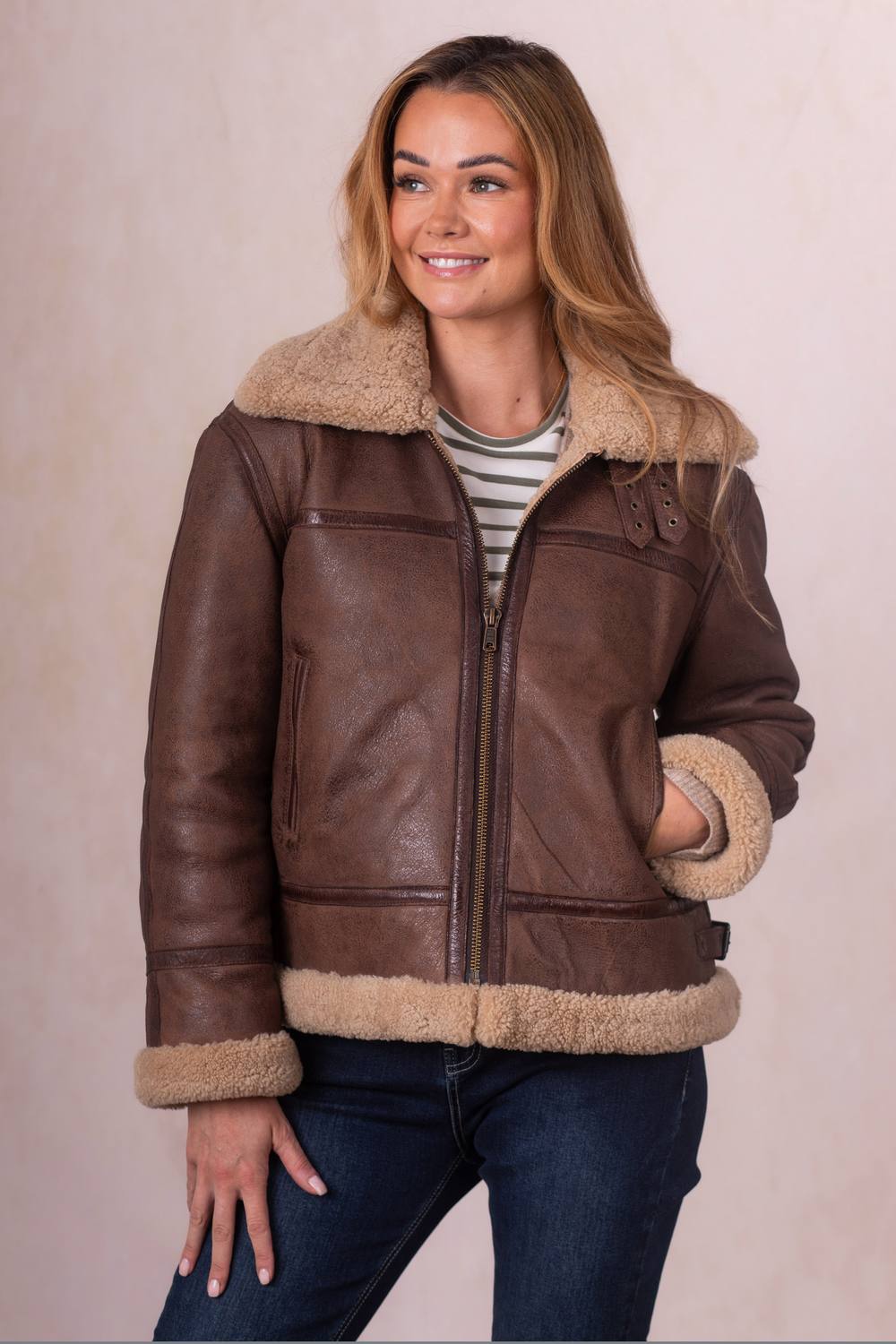 Lakeland Leather Women's 'Cawford' Shearling Aviator Jacket in Brown | Size: 12