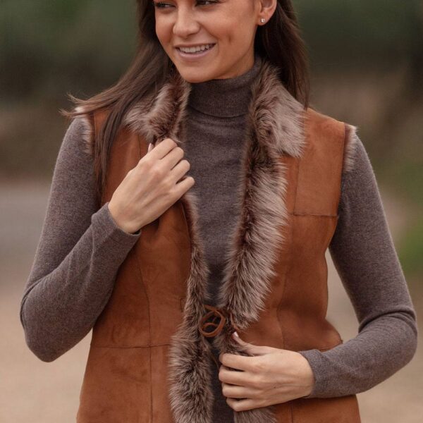 Ashwood Leather Women's 'Kashmina' Reversible Toscana Real Sheepskin Suede Leather Gilet in Tan | Size: 16