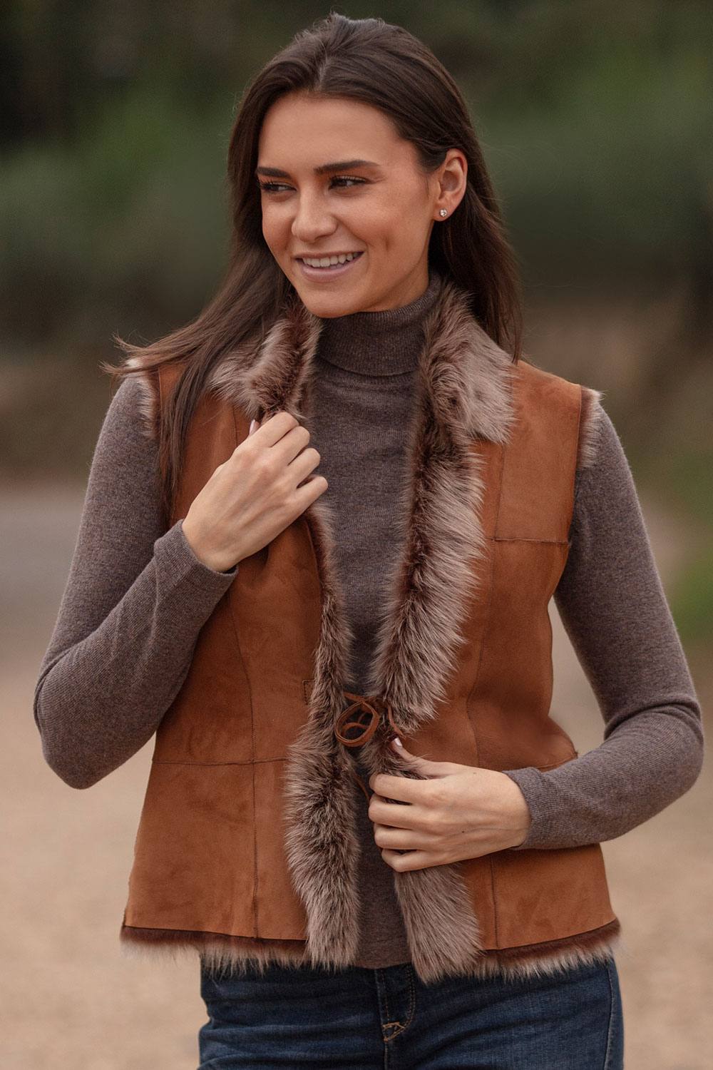 Ashwood Leather Women's 'Kashmina' Reversible Toscana Real Sheepskin Suede Leather Gilet in Tan | Size: 16