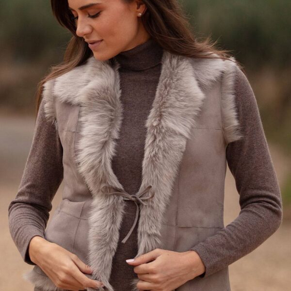 Ashwood Leather Women's 'Kashmina' Reversible Toscana Real Sheepskin Suede Leather Gilet in Taupe | Size: 14