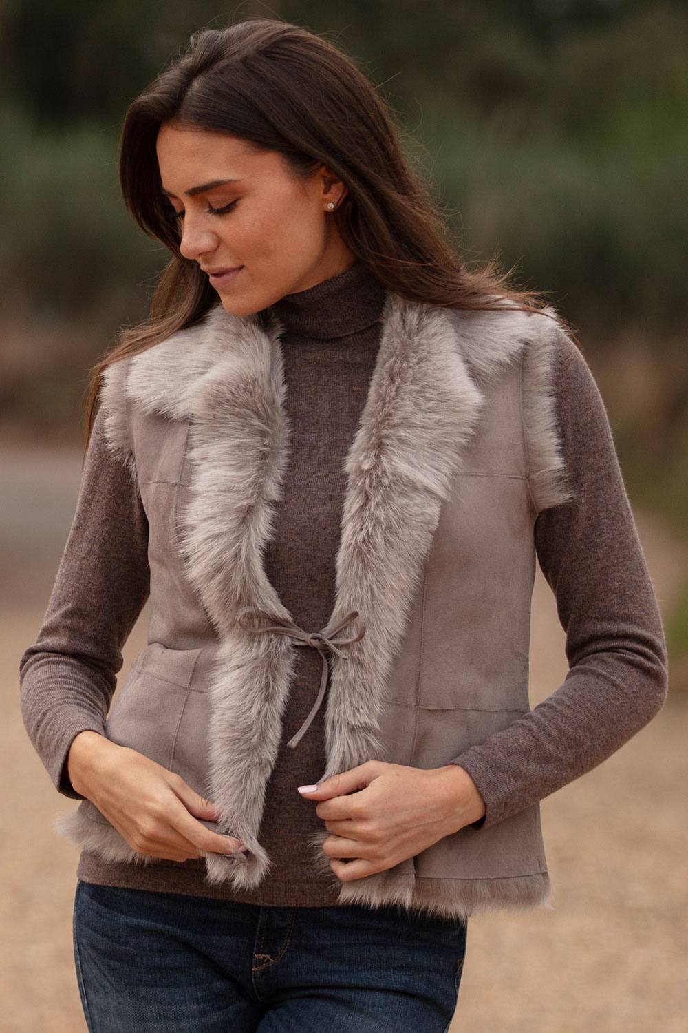 Ashwood Leather Women's 'Kashmina' Reversible Toscana Real Sheepskin Suede Leather Gilet in Taupe | Size: 14