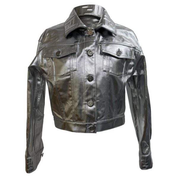 Fendi Women's Preloved Cropped Denim Jacket in Metallic Silver Cotton | Size: 42