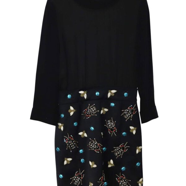 Victoria Beckham Women's Preloved Insect Appliqué Long Sleeve Dress in Black Viscose | Size: 34