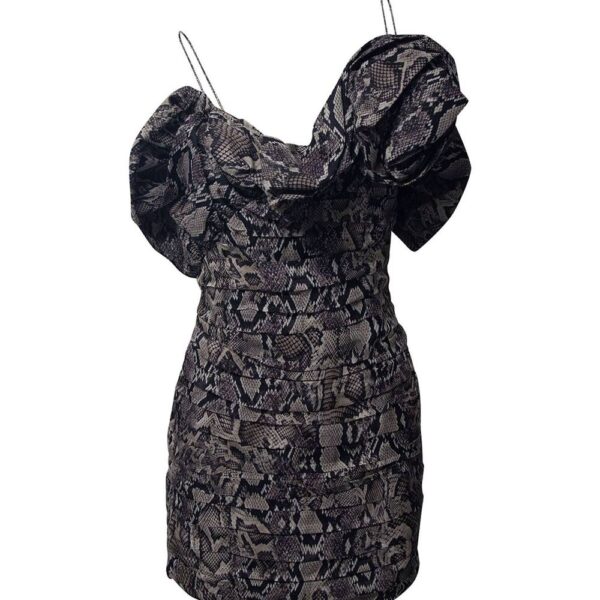 Magda Butrym Women's Preloved Ruffled Off-Shoulder Dress with Snake Skin Print in Grey Silk | Size: 34