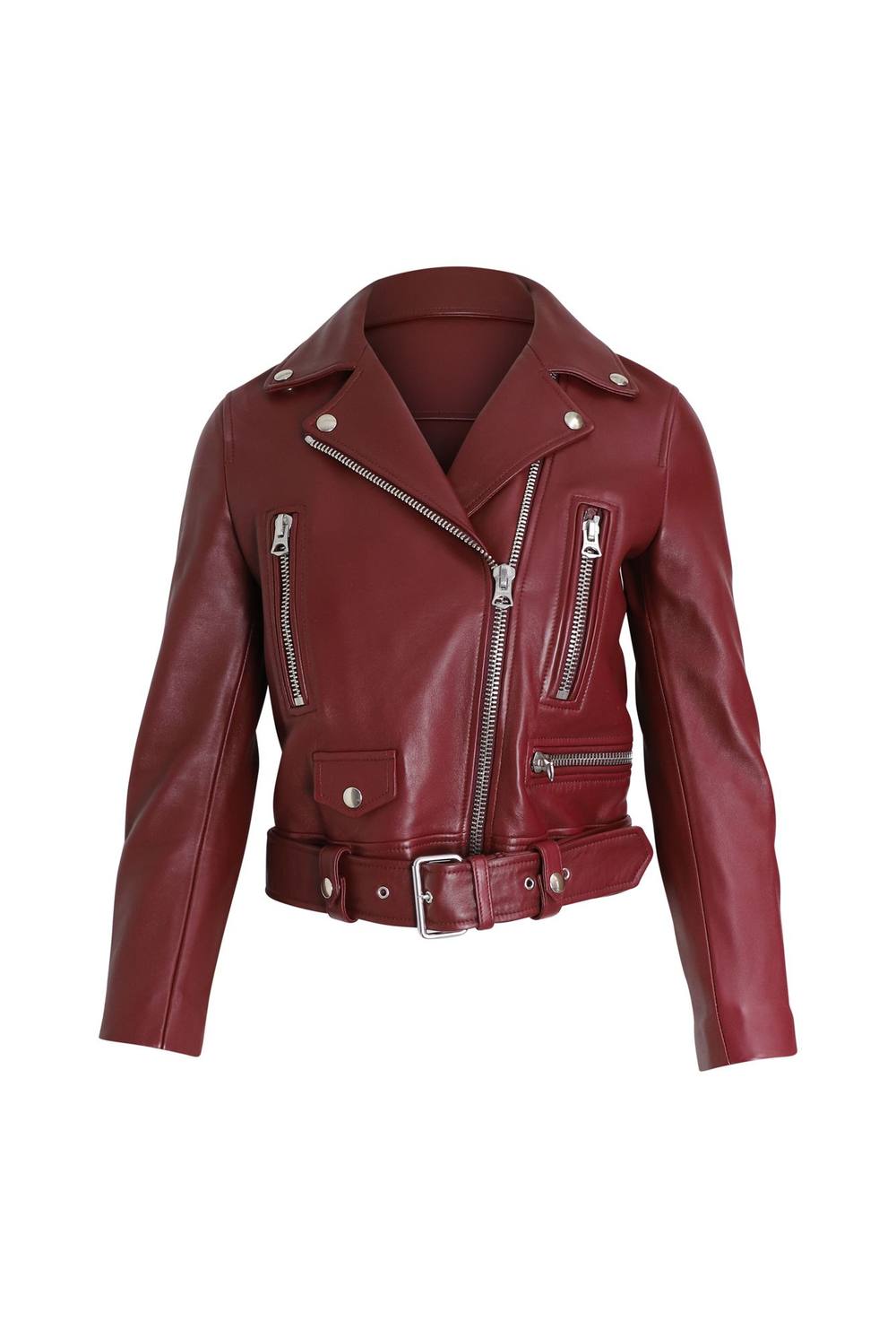 Acne Studios Women's Preloved Biker Jacket in Red Leather in Burgundy | Size: 30