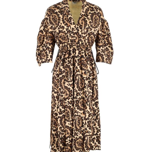 Fendi Women's Preloved Leopard-Print V-Neck Midi Dress in Brown Polyester | Size: 34