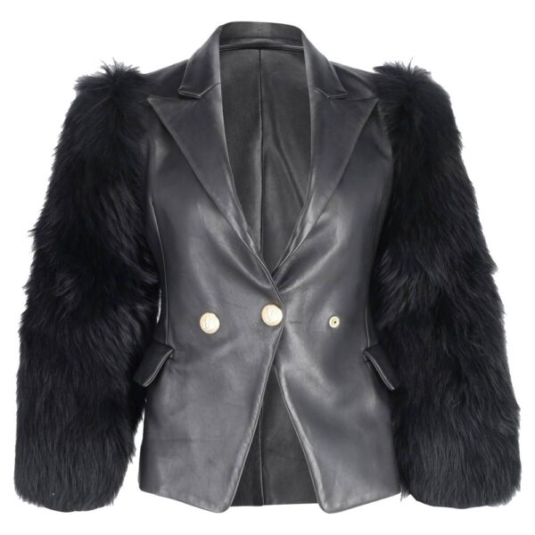 Balmain Women's Preloved Single Breasted Fur Sleeve Blazer in Black Leather | Size: 32