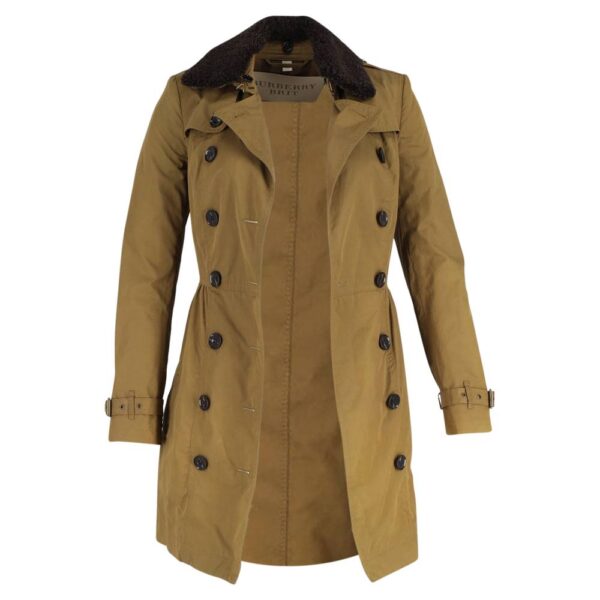 Burberry Women's Preloved Brit Long Shearling Collar Trench Coat in Olive Cotton | Size: 30