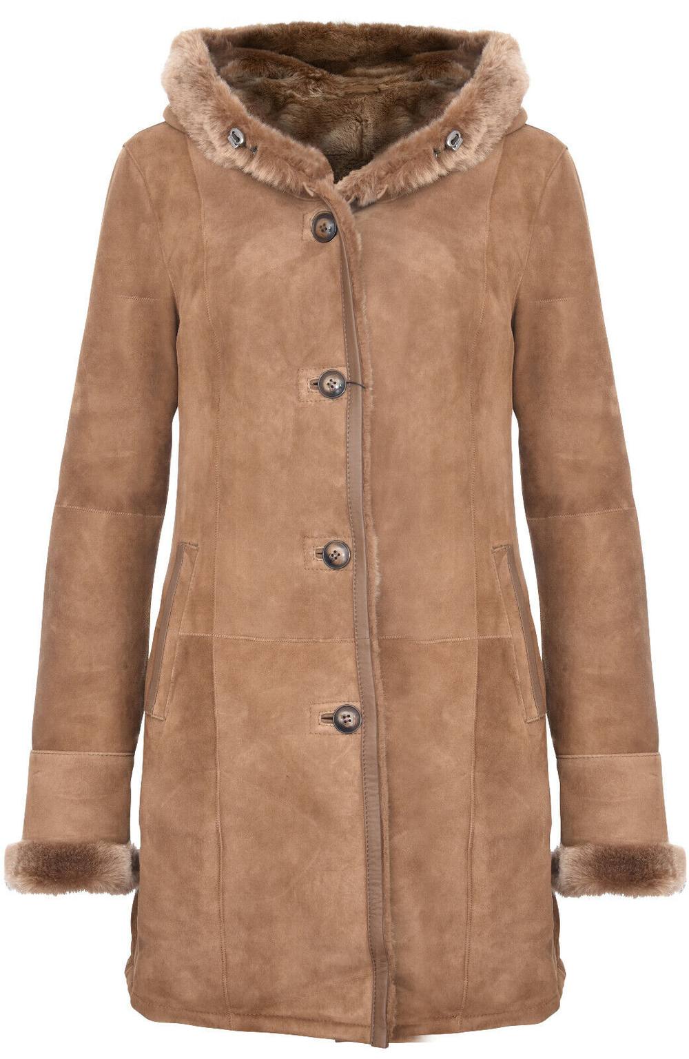 Infinity Leather Women's Suede Merino Sheepskin Parka Coat-Tripoli in Tan | Size: 10