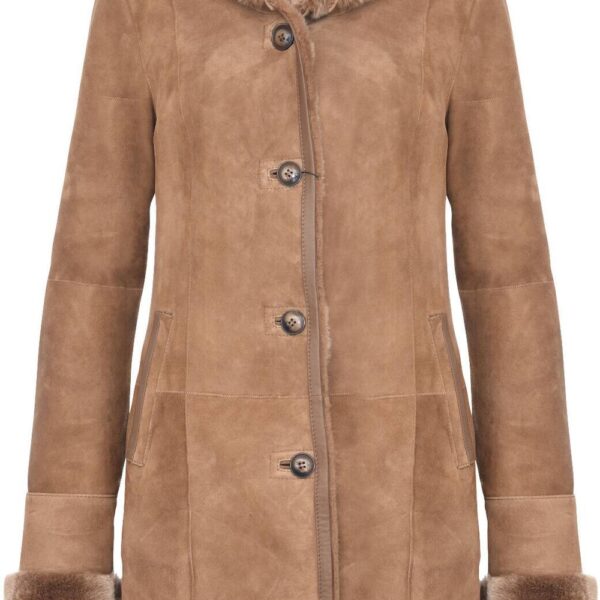 Infinity Leather Women's Suede Merino Sheepskin Parka Coat-Tripoli in Tan | Size: 14