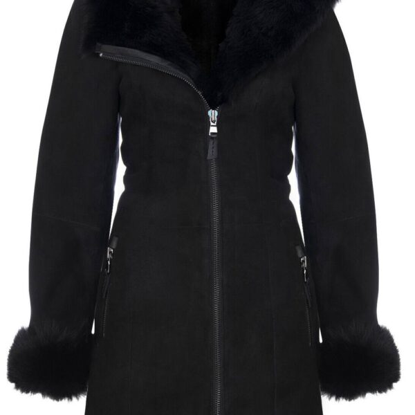 Infinity Leather Women's Suede Merino Sheepskin Coat-Samara in Black | Size: 12