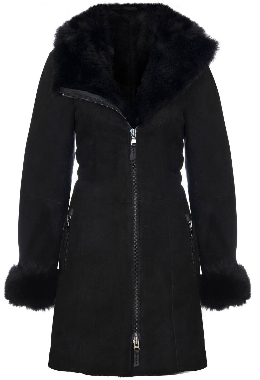 Infinity Leather Women's Suede Merino Sheepskin Coat-Samara in Black | Size: 16