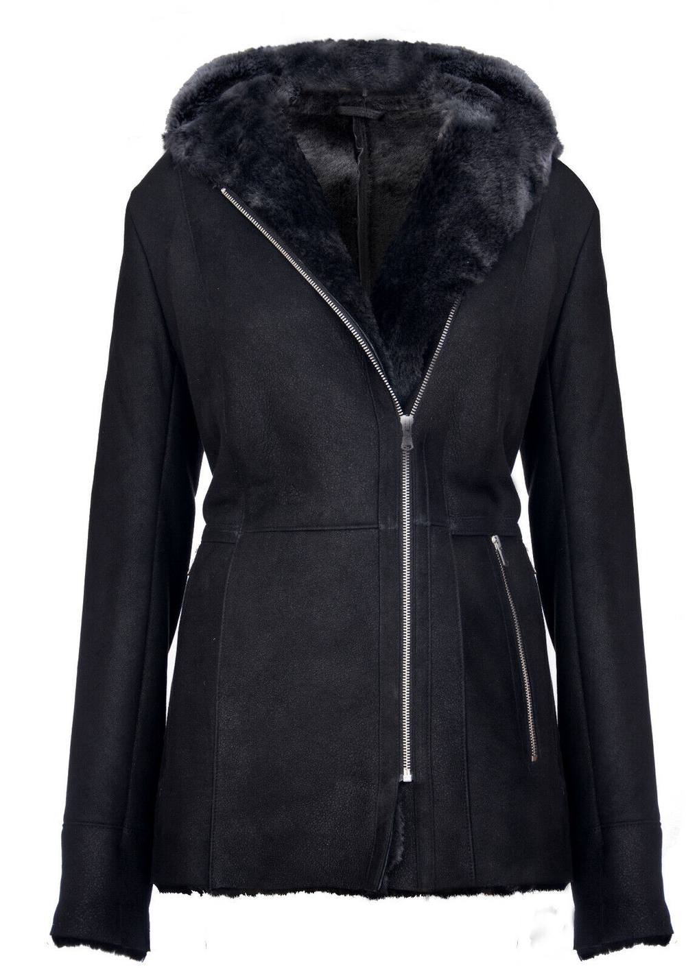 Infinity Leather Women's Hooded Merino Sheepskin Jacket-Mandalay in Black | Size: 10