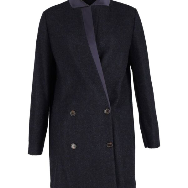 Brunello Cucinelli Women's Preloved Double-Breasted Coat with Satin Collar Navy Blue Wool | Size: 44