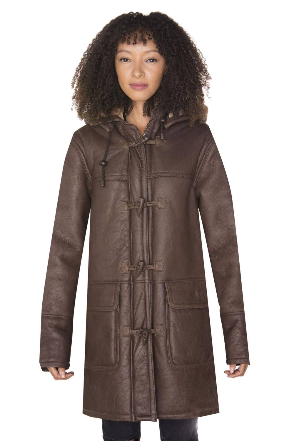 Infinity Leather Women's Hooded Sheepskin Leather Duffle Coat-Charlotte in Brown | Size: 10