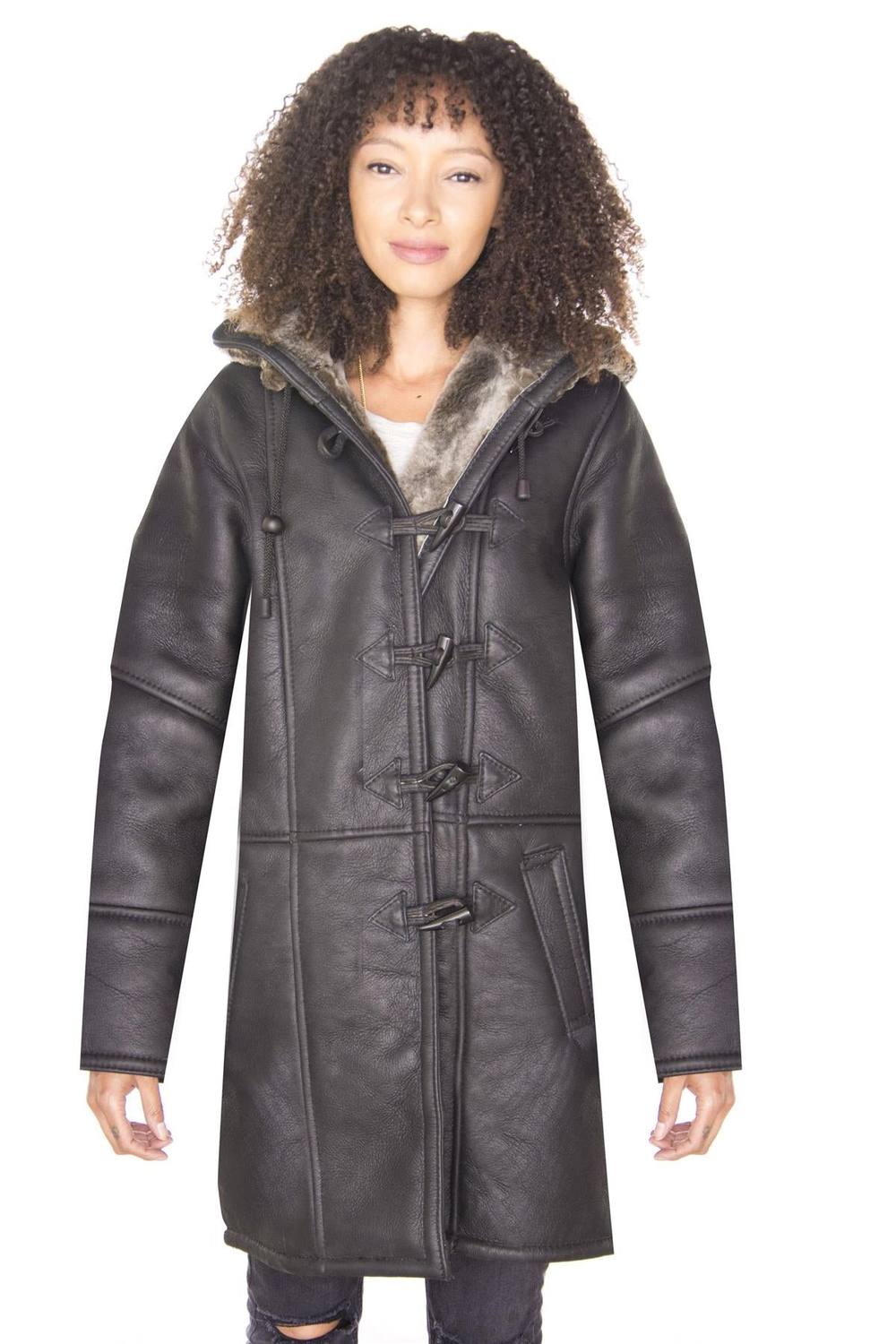 Infinity Leather Women's Shearling Hooded Duffle Coat-Lille in Black | Size: 12