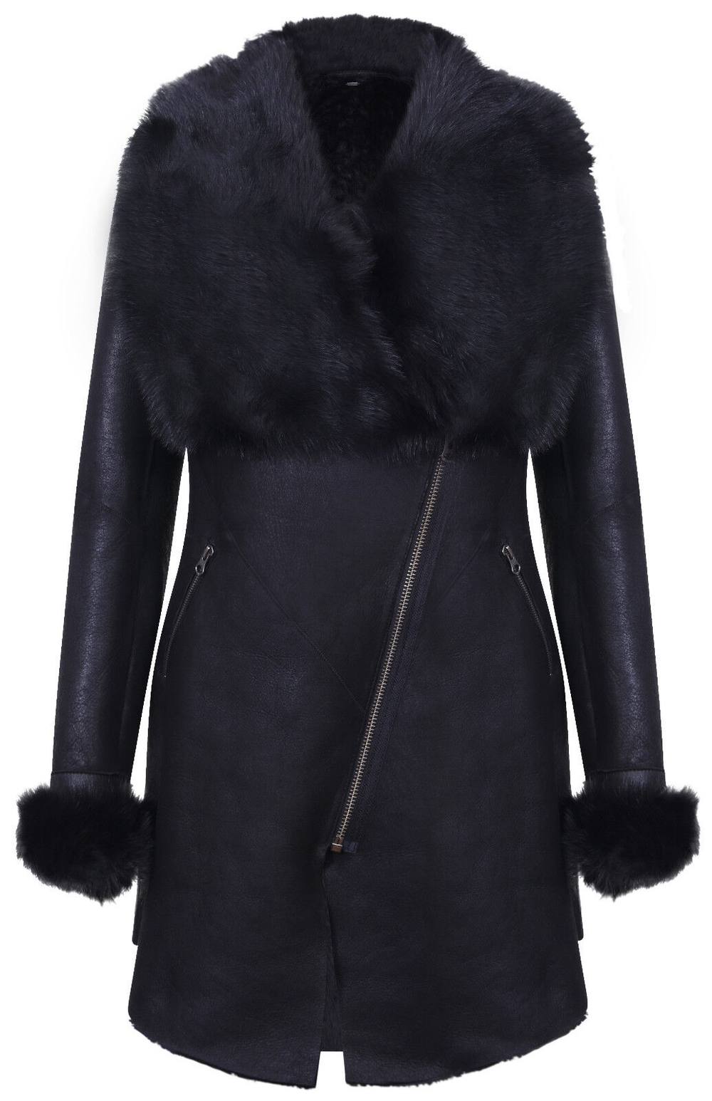 Infinity Leather Women's Merino Shearling Coat with Toscana Collar-Fortaleza in Black | Size: 8