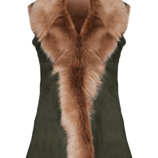 Infinity Leather Women's Toscana Sheepskin Long Gilet-Sorocaba in Dark Olive | Size: 14