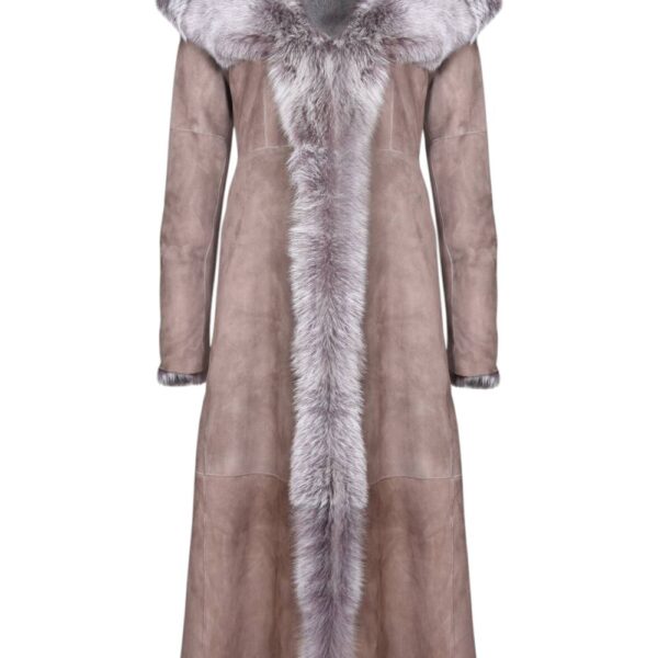 Infinity Leather Women's Suede Toscana Sheepskin Hooded Trench Coat-Rushden in Taupe | Size: 20