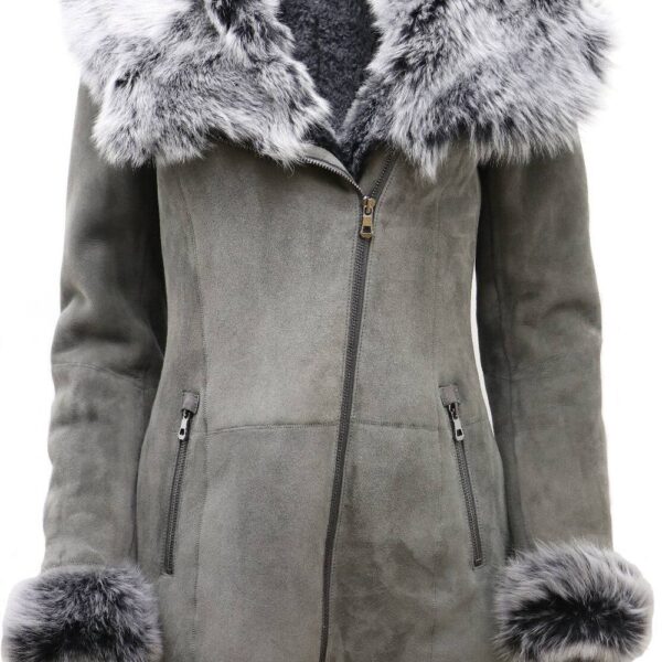 Infinity Leather Women's Suede Hooded Merino Sheepskin Coat-Monrovia in Grey | Size: 8