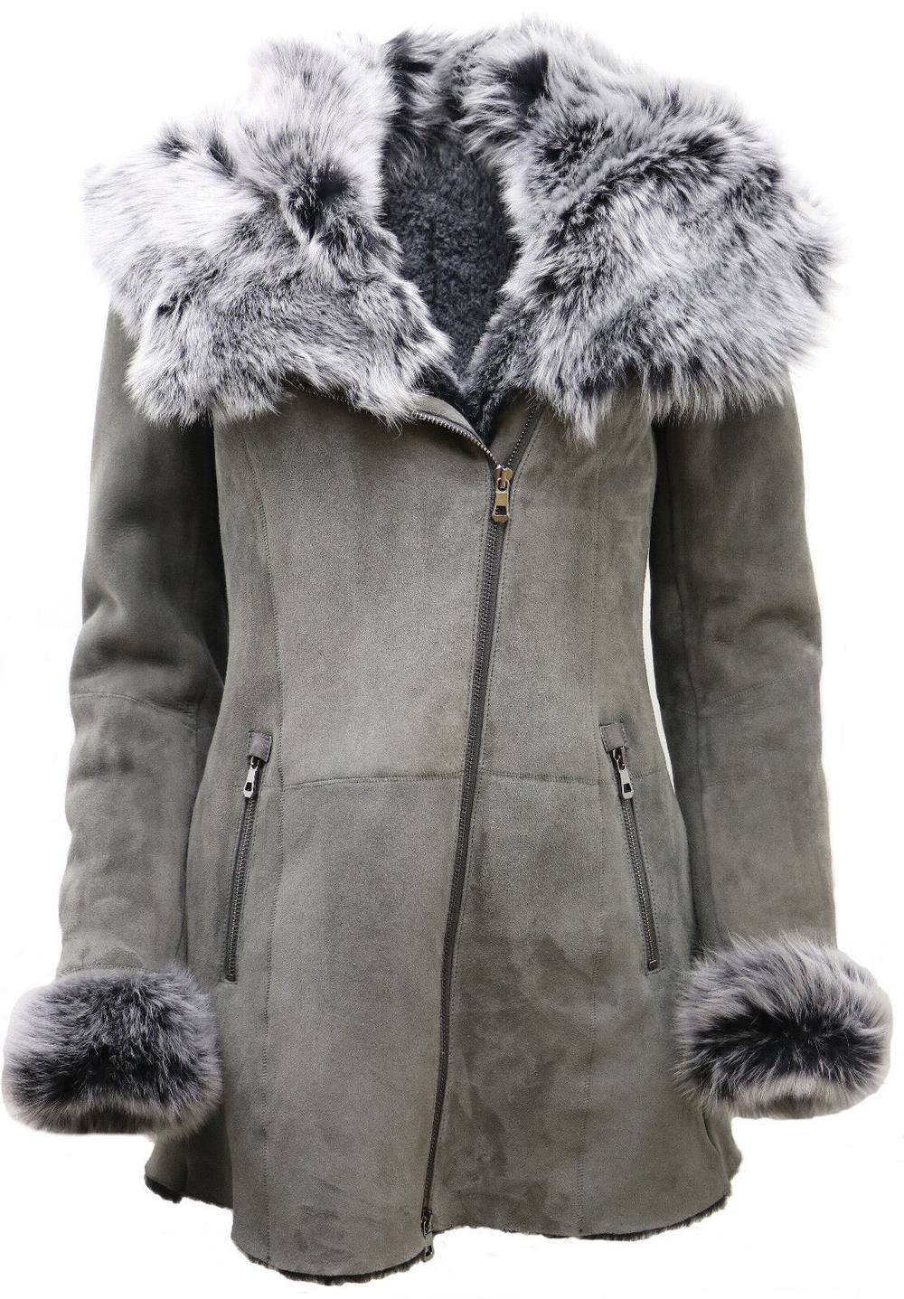 Infinity Leather Women's Suede Hooded Merino Sheepskin Coat-Monrovia in Grey | Size: 16
