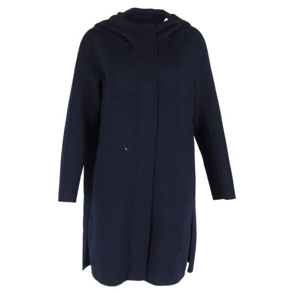 Max Mara Women's Preloved Hooded Coat in Navy Blue Wool | Size: 38