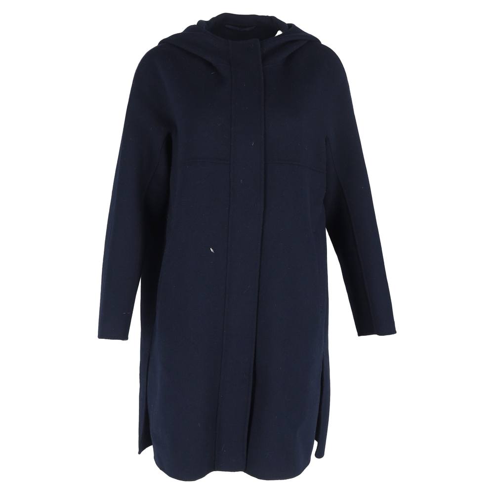 Max Mara Women's Preloved Hooded Coat in Navy Blue Wool | Size: 38